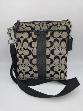COACH Swingpack Black Beige/Grey Logo Jacquard Crossbody Bag Black Leather Trim